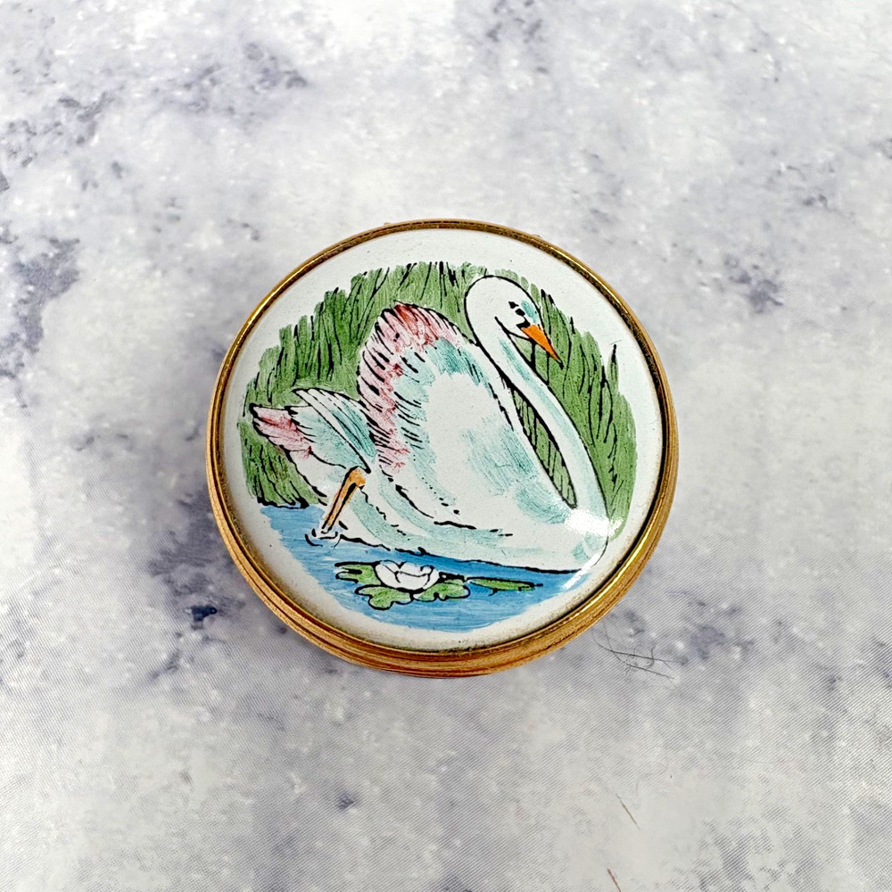 T.K.S. 1801 Enamel Trinket Pill Ring Box Swan Lake Pond White Pink Spring Beauty